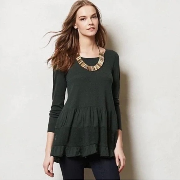 Knitted and Knotted Anthropologie Dark Green Ruffle Hem Sweater Women's Small - Picture 1 of 11